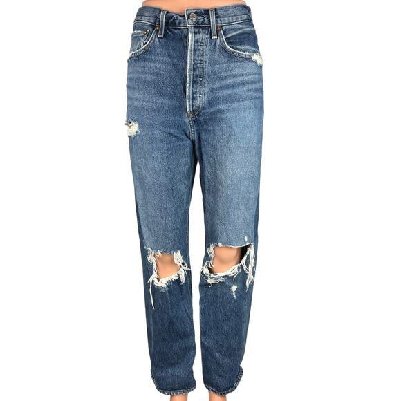 Agolde Blue Medium Wash Distressed High Rise Straight Leg Jeans Size 28 - Picture 1 of 5